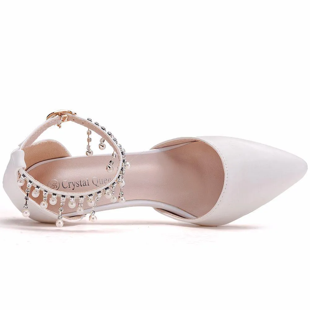 Women's white closed toe wedding heels ankle pearls strap bridal heels