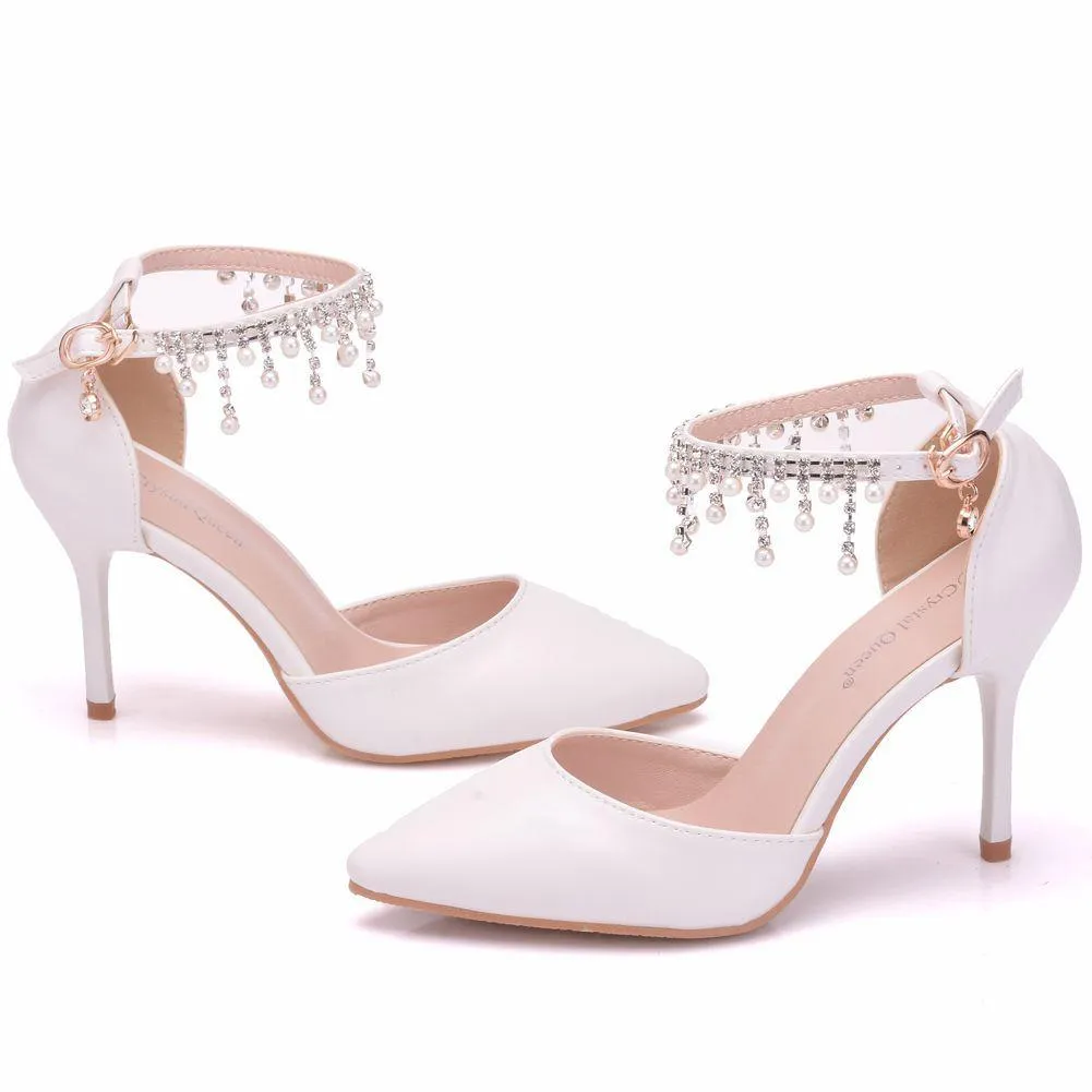 Women's white closed toe wedding heels ankle pearls strap bridal heels