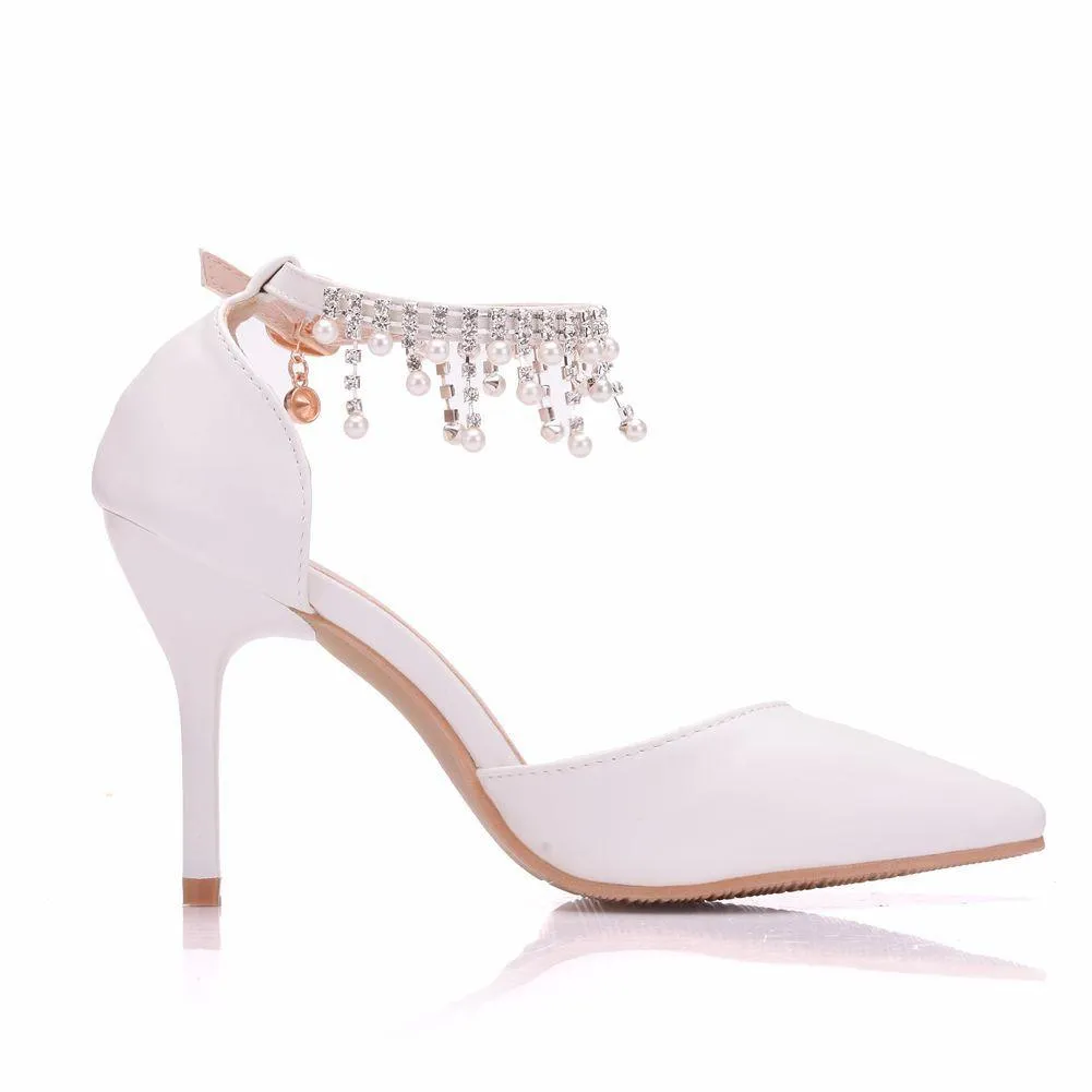 Women's white closed toe wedding heels ankle pearls strap bridal heels