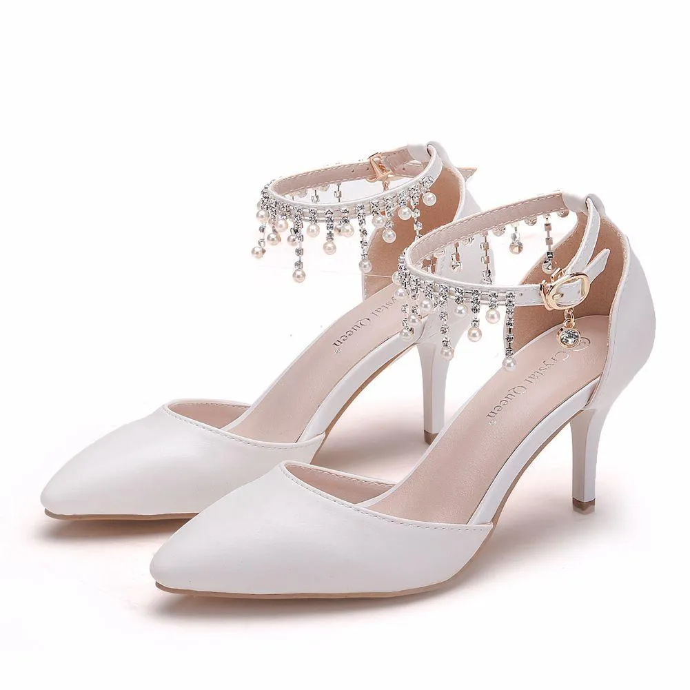 Women's white closed toe wedding heels ankle pearls strap bridal heels