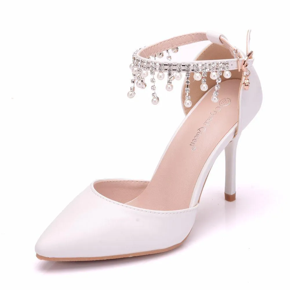 Women's white closed toe wedding heels ankle pearls strap bridal heels