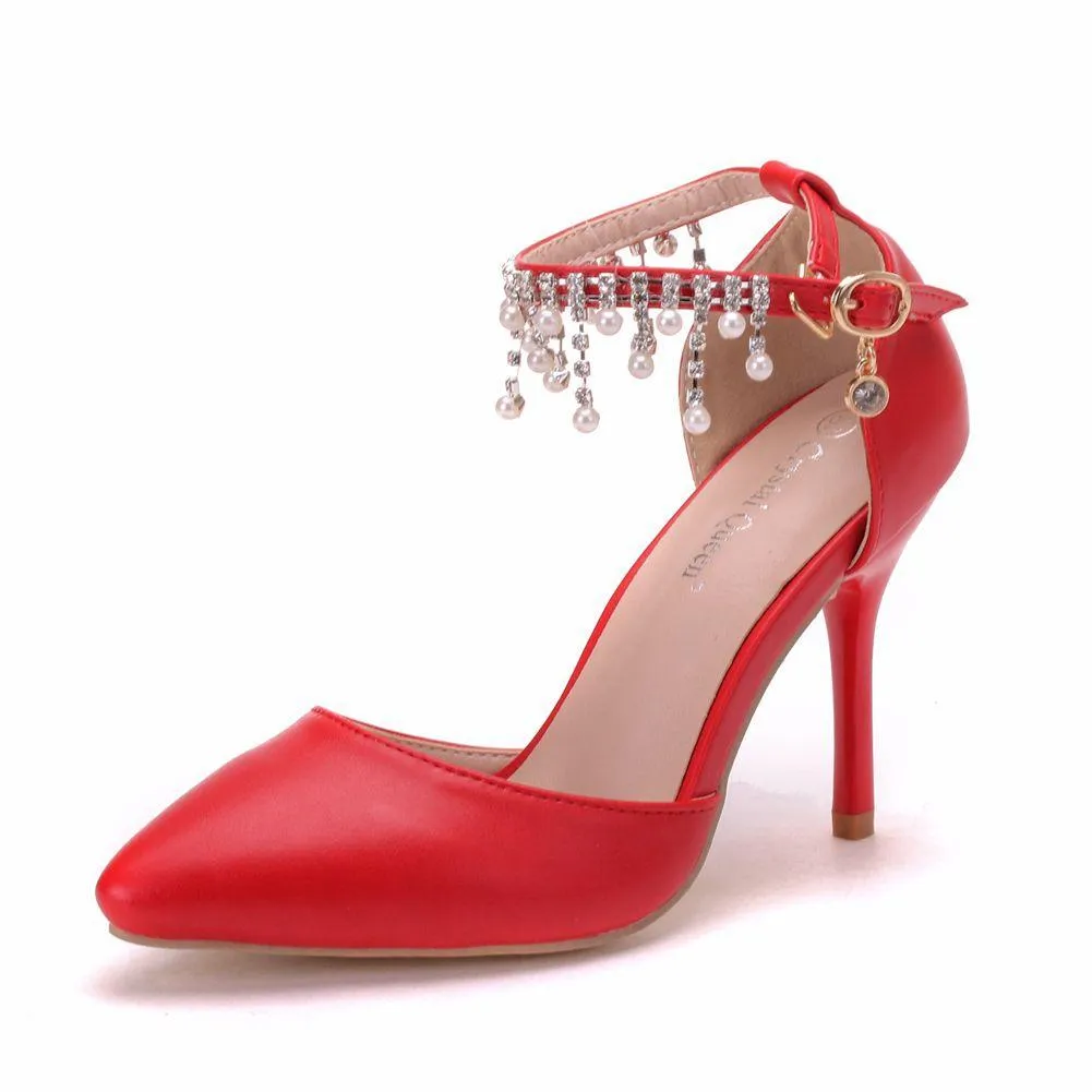 Women's white closed toe wedding heels ankle pearls strap bridal heels