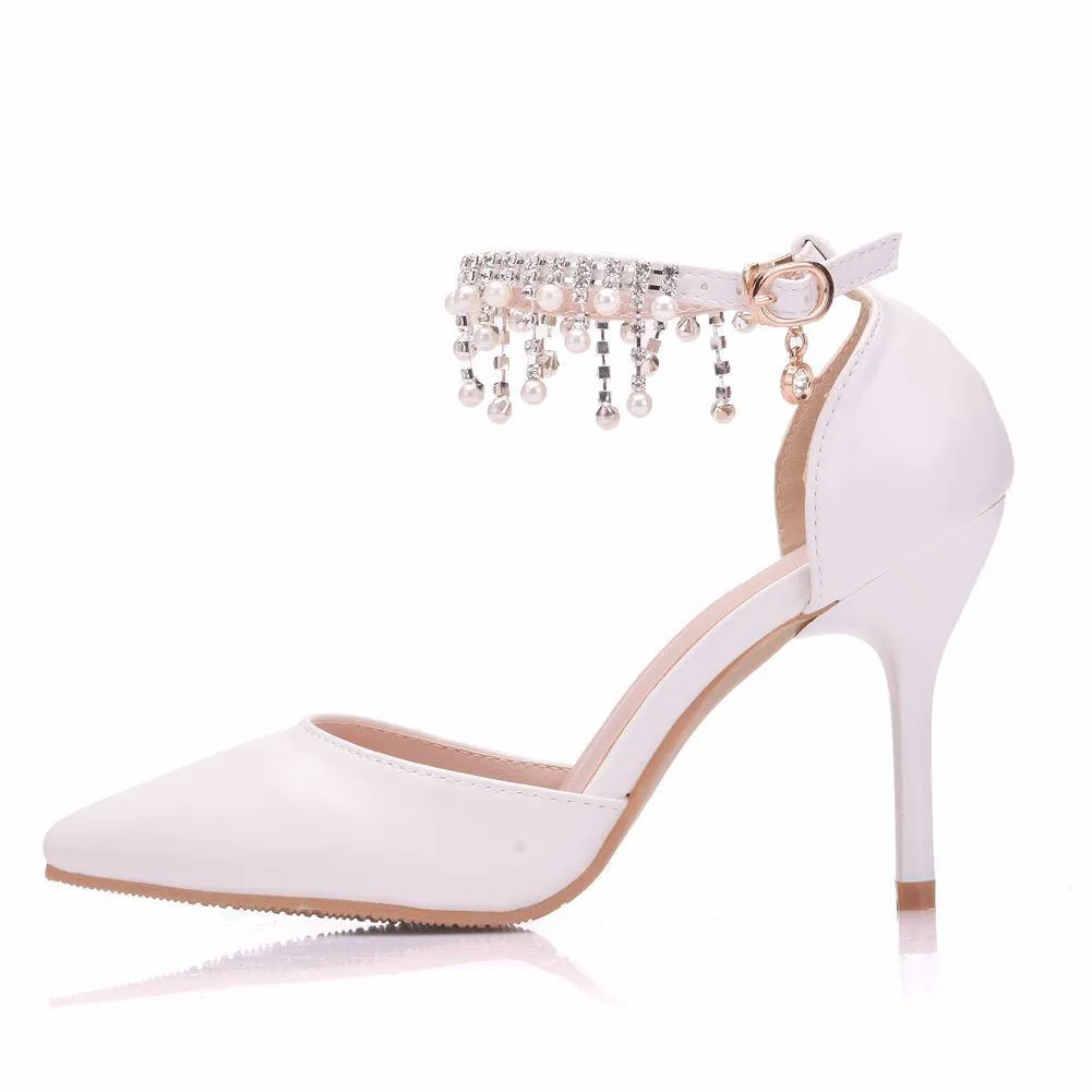 Women's white closed toe wedding heels ankle pearls strap bridal heels