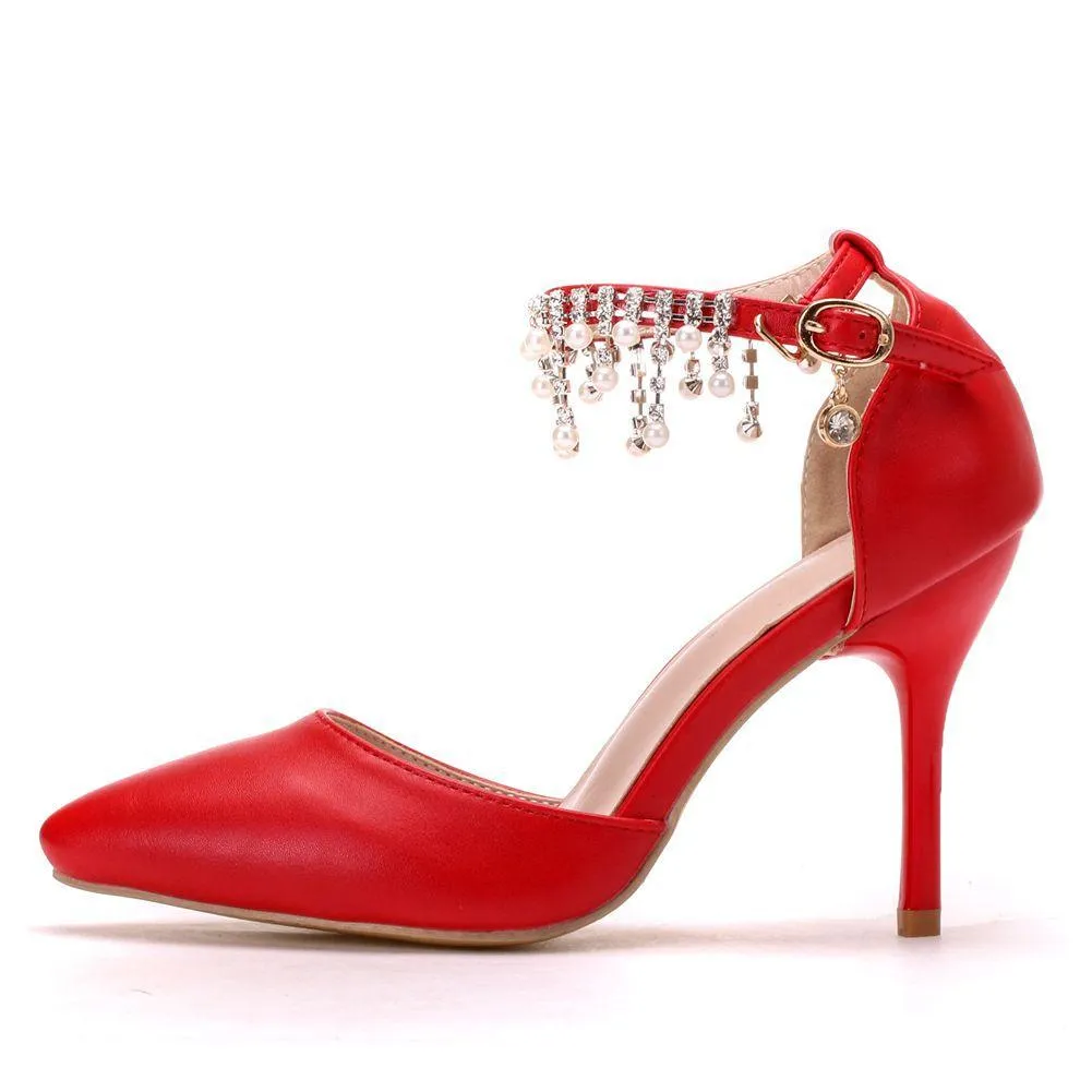 Women's white closed toe wedding heels ankle pearls strap bridal heels