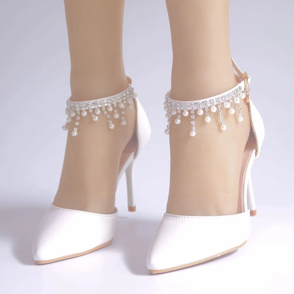 Women's white closed toe wedding heels ankle pearls strap bridal heels