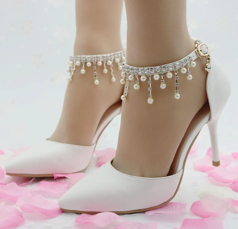 Women's white closed toe wedding heels ankle pearls strap bridal heels