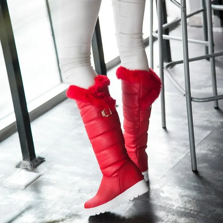 Women's winter faux fur warm chunky platform knee high snow boots