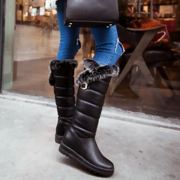Women's winter faux fur warm chunky platform knee high snow boots