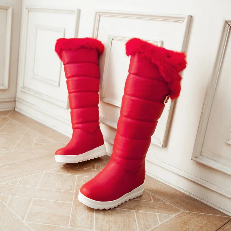Women's winter faux fur warm chunky platform knee high snow boots